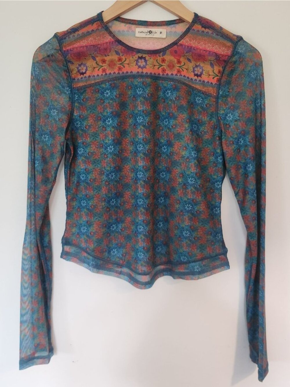 Natural Life Women's Sz. M Sloane Mesh Long Sleeve Top Bright Border